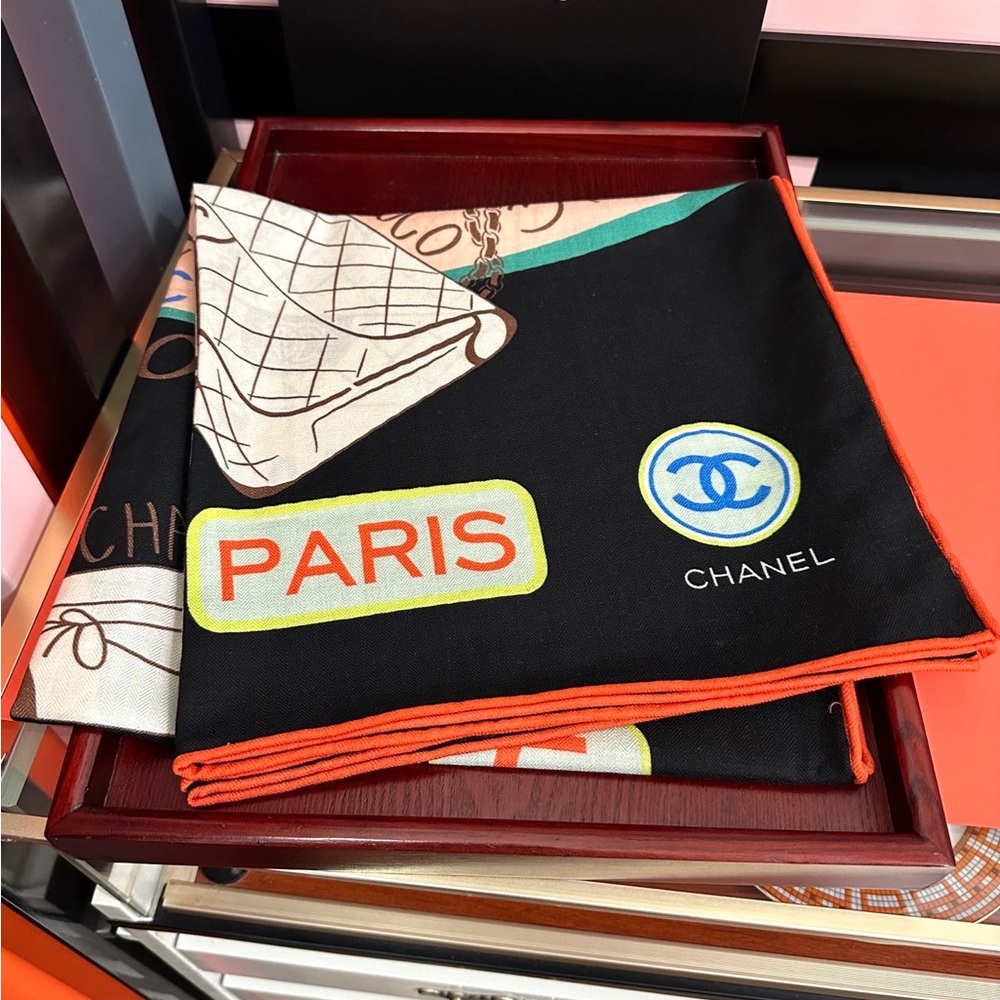 NWT Chanel Black "Paris" Logo Cashmere & Silk Scarf